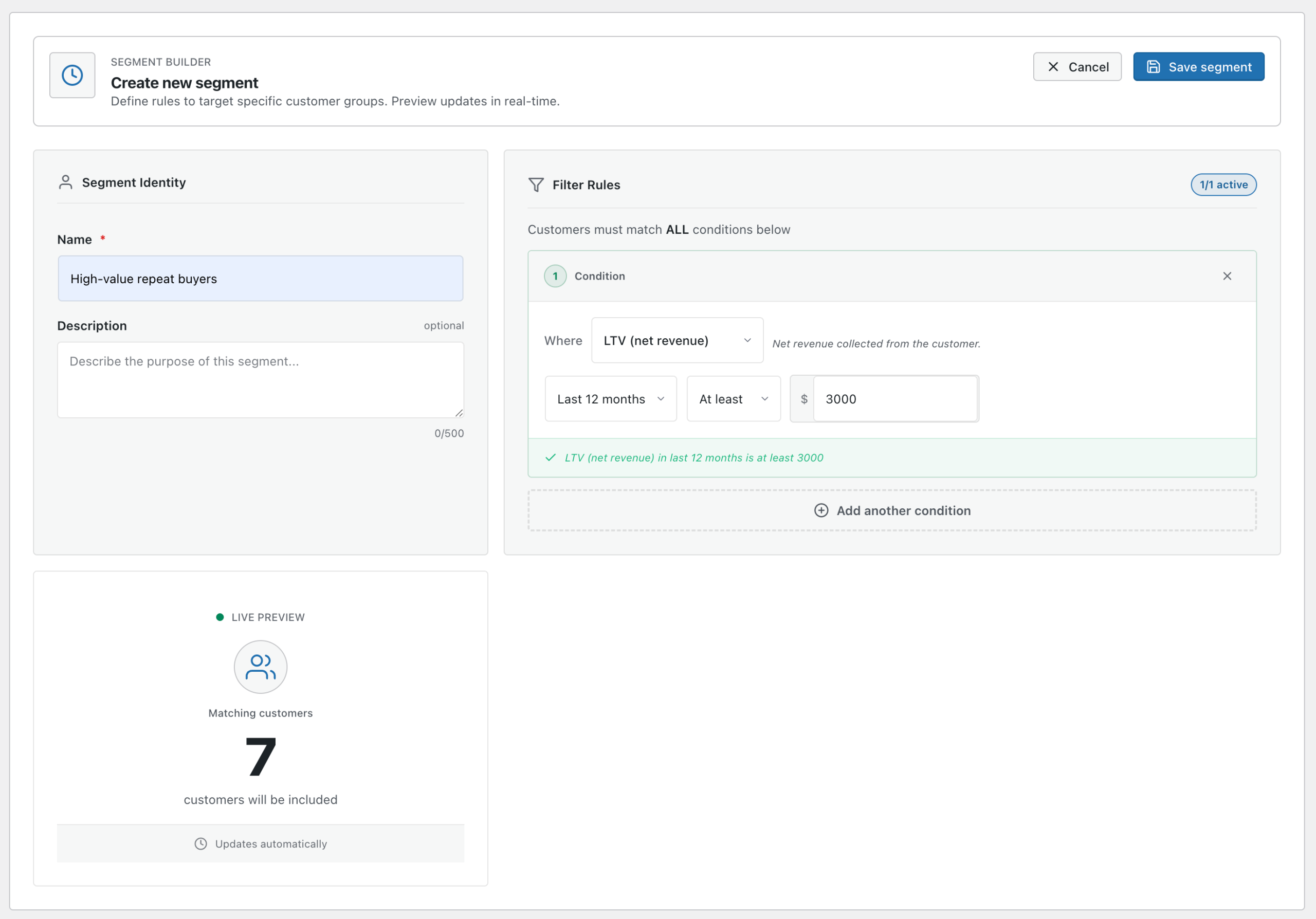 Custom segment builder with AND logic and preview counts