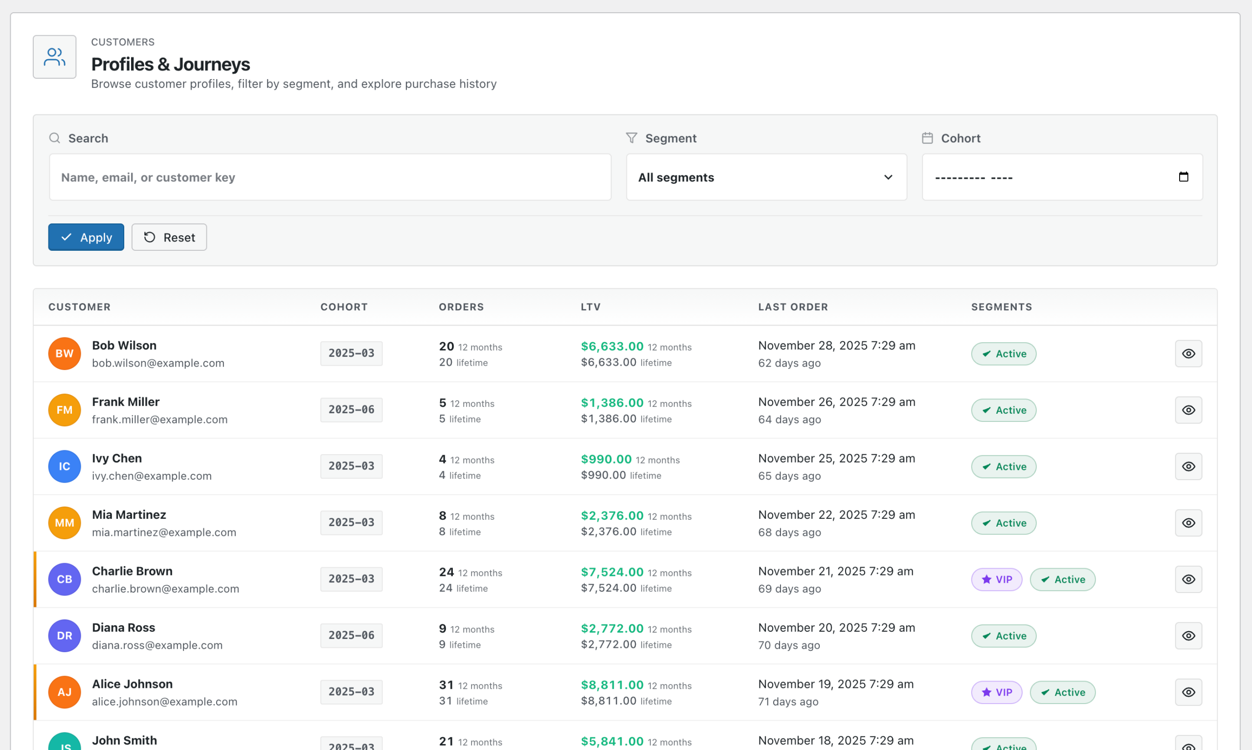 Customers directory and customer profile metrics in WooLTV Analytics