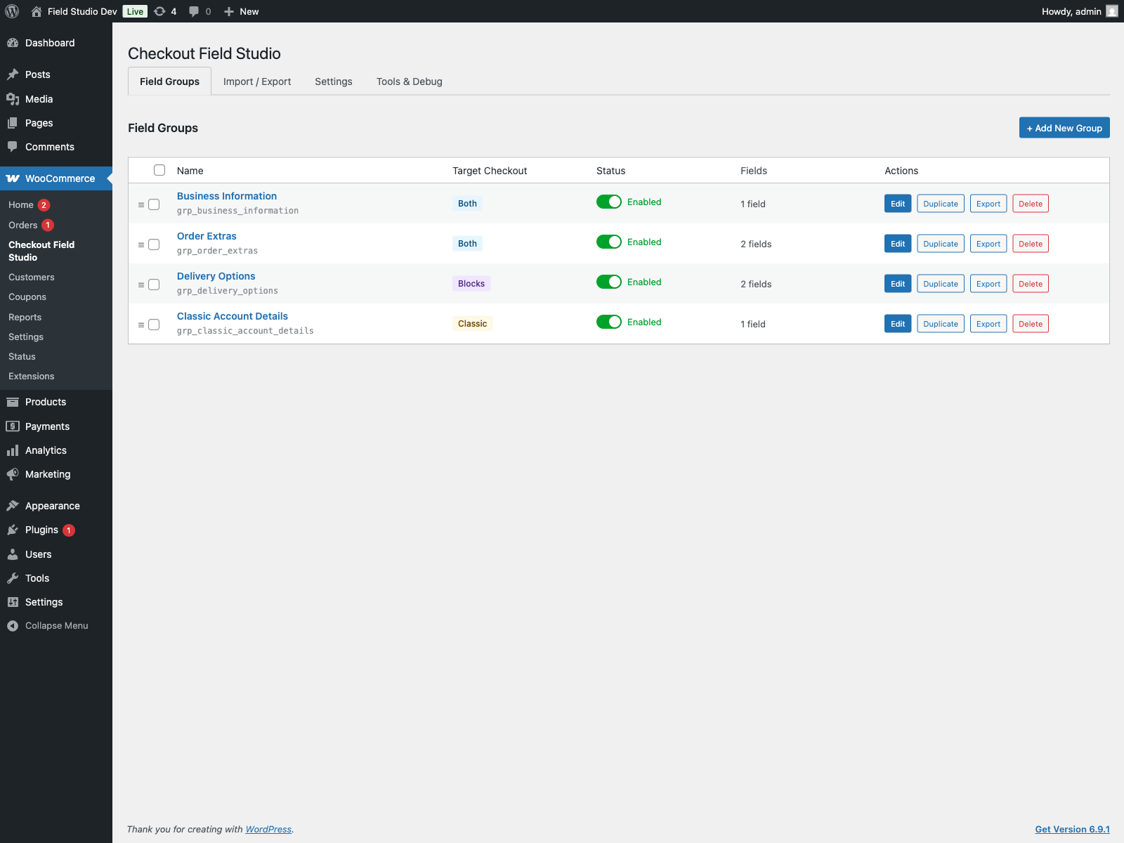 Field groups overview inside WooCommerce